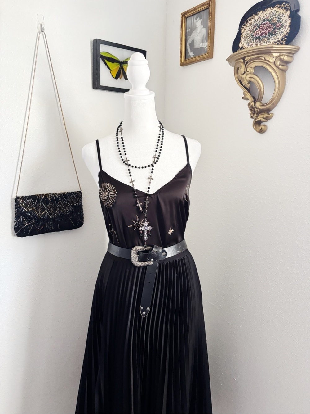Black celestial cami tank thin adjustable straps Whimsigoth celestial Medium